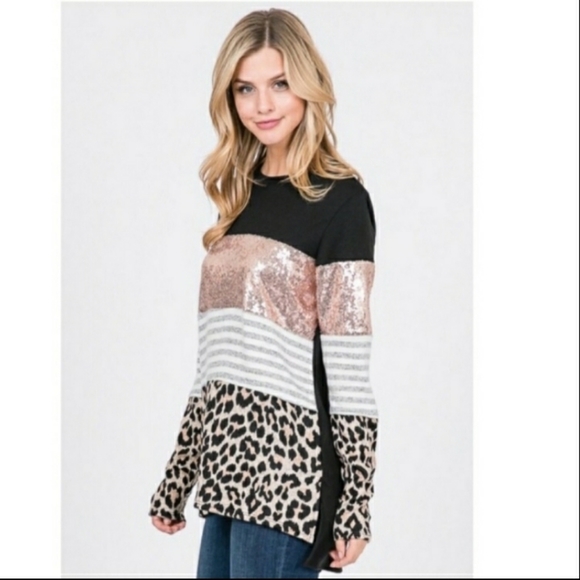 Sequined & Leopard Print Block Top - Picture 4 of 8